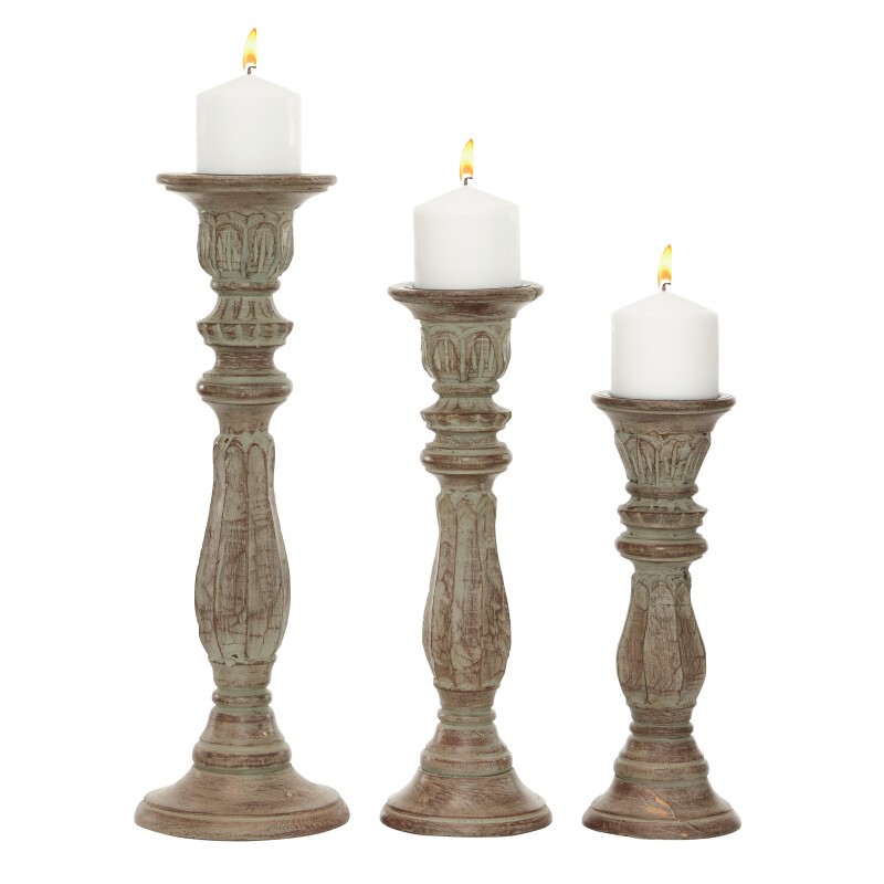 UMA 602767 Set of 3 Brown Wood Traditional Candle Holder 13